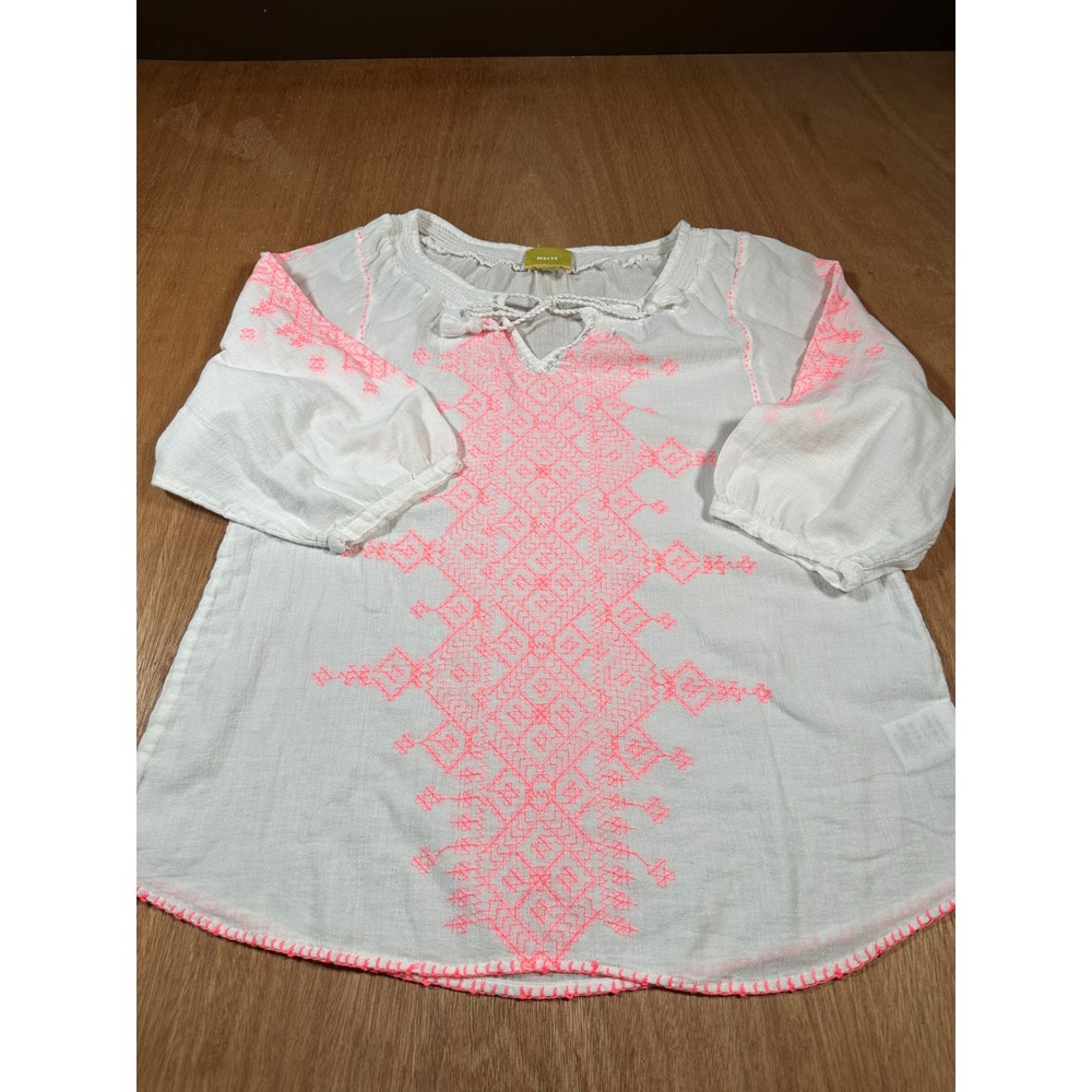 Maeve Embroidered Blouse Womens 10 White Neon Pink Boho Tassel Peasant Top